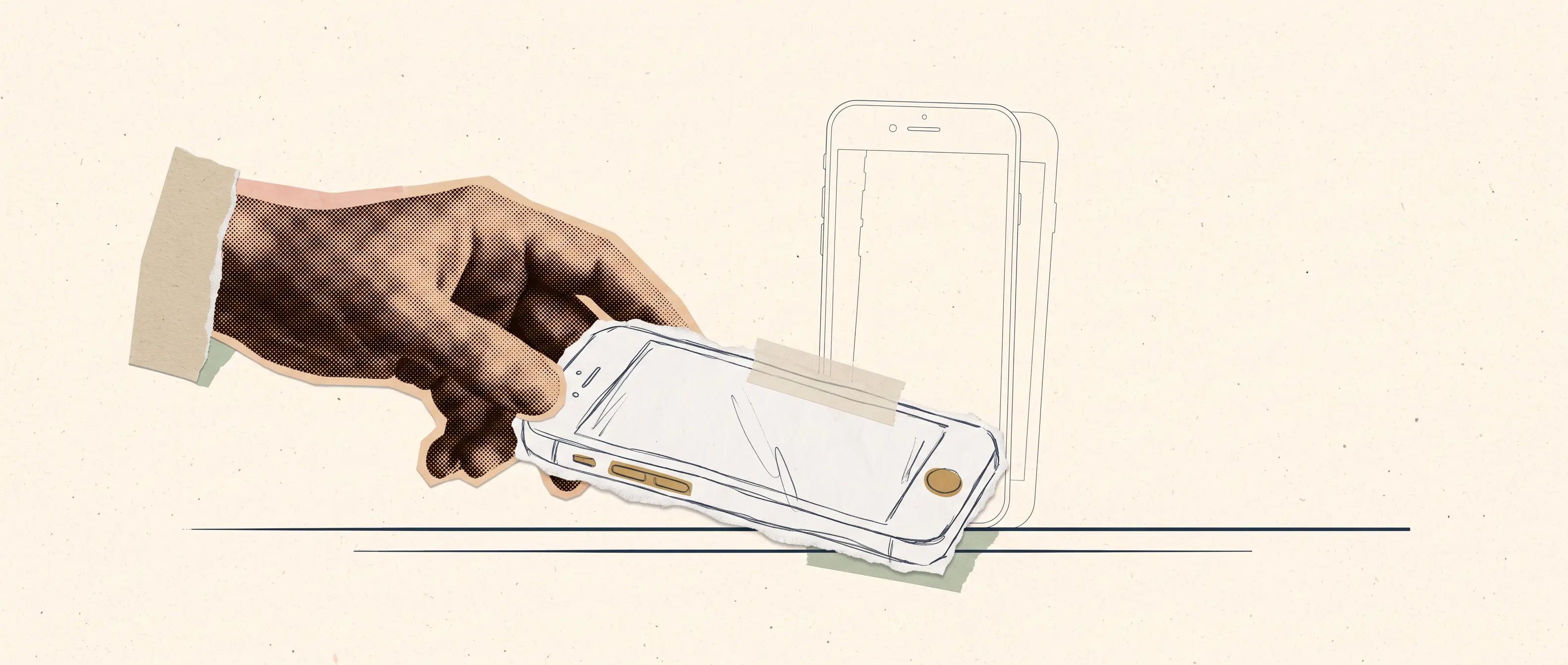 Kolaj: bir elin bantla yapıştırılmış kâğıt bir telefon taslağını masaya koyması; arkada çizgisel bir telefon